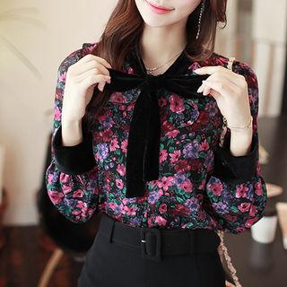 Tie-neck Velvet-detail Floral Shirt