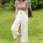 Set: Short-sleeve Twisted Knit Top + Cropped Wide Leg Pants