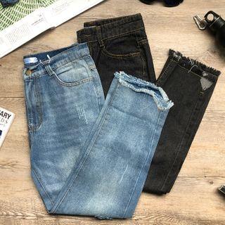 Cropped Washed Cutout Straight-fit Jeans