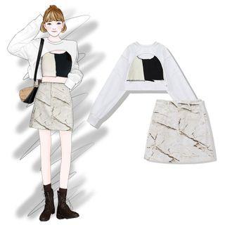 Cropped Pullover / Paneled Cropped Camisole Top / Marble Print A-line Skirt