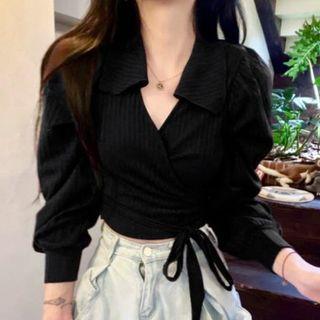 Tie-side Puff-sleeve Polo Knit Top