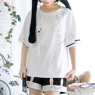 Cat Print Pocket-front Short-sleeve Top