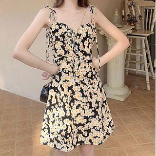 Tie-shoulder Floral Spaghetti Strap Dress