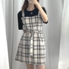 Mock Two-piece Short-sleeve Plaid A-line Mini Dress As Shown In Figure - One Size