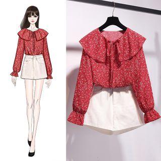 Flared-cuff Floral Print Chiffon Blouse / Denim Shorts / Set