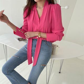 Scarf-neck Metallic-button Blouse