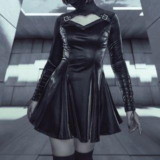 Long-sleeve Lace Up Faux Leather Mini A-line Dress