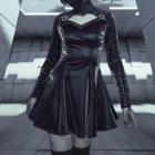 Long-sleeve Lace Up Faux Leather Mini A-line Dress