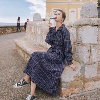 Plaid Long-sleeve Maxi Shirt Dress