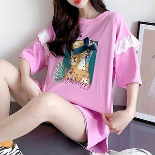 Elbow-sleeve Graphic Print Frill Trim T-shirt