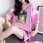 Elbow-sleeve Graphic Print Frill Trim T-shirt