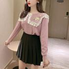 Lace Collar Long-sleeve Top / Pleated A-line Mini Skirt / Set