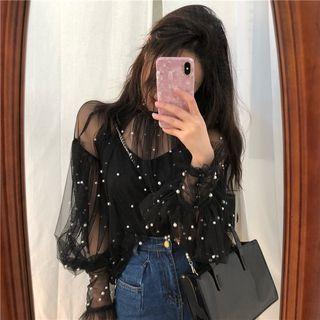 Balloon-sleeve Embellished Mock-neck Mesh Top / Fringe A-line Mini Skirt