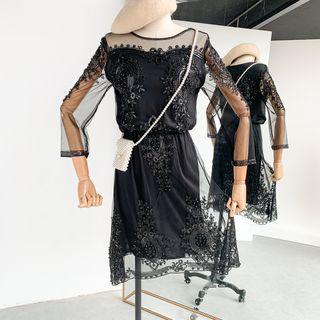 Long-sleeve Lace Panel Dress Black - One Size