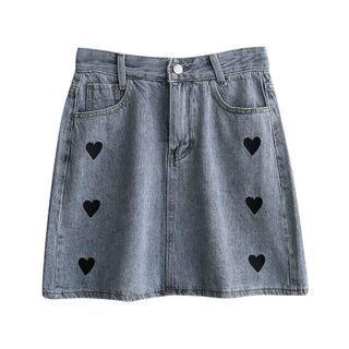 High-waist Embroider Denim A-line Mini Skirt