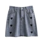 High-waist Embroider Denim A-line Mini Skirt