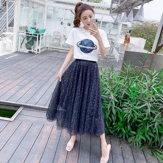 Set: Short-sleeve Planet Sequined T-shirt + Midi Mesh Skirt