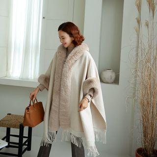 Eco-fur Trim Fringe Knit Cape Beige - One Size