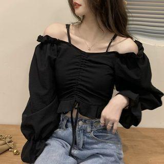 Bell-sleeve Cold-shoulder Cropped Blouse