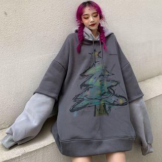 Color Block Christmas Print Hoodie