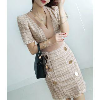 V-neck Button-detail Tweed Dress