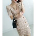 V-neck Button-detail Tweed Dress