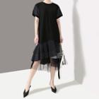 Short-sleeve Dotted Panel Midi Dress Black - One Size