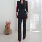 Set: Contrast Trim Double-breasted Blazer + Dress Pants