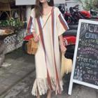 Fringed Hem Striped Elbow-sleeve Midi Knitted Dress