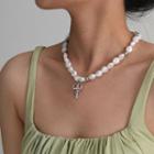 Rhinestone Cross Pendant Faux Pearl Necklace 3150 - White Gold - One Size