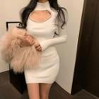 Long-sleeve Rhinestone Cutout Knit Mini Dress