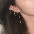 Rhinestone Faux Pearl Flower Chained Earring 1 Pc - Gold - One Size