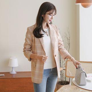 Single-button Flap-detail Plaid Blazer