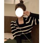 Square-neck Striped Sweater Stripe - Black & White - M