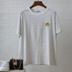 Smiley Face Embroidered Striped Short-sleeve T-shirt White - One Size