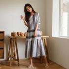 Puff-sleeve Long Patterned Dress Light Blue - One Size