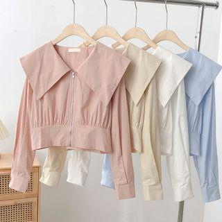 Long-sleeve Wide-collar Zip Cropped Blouse