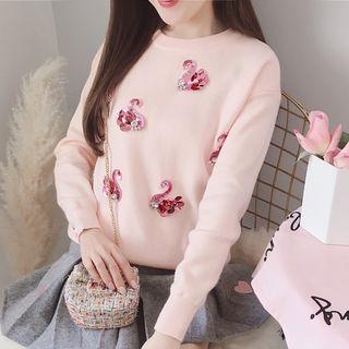 Embellished Swan Applique Sweater
