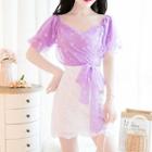Flower Print Short-sleeve Blouse / Lace Mini A-line Skirt / Set