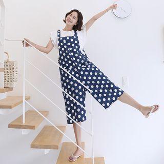 Pocket-detail Dotted Suspender Pants Navy Blue - One Size