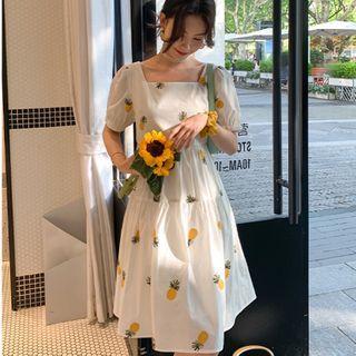 Square Neck Short Sleeve Pineapple A-line Dress