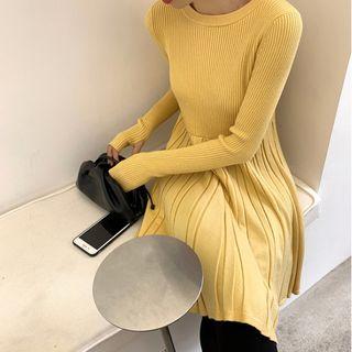 Plain Long-sleeve Knit Dress / Midi Dress