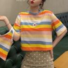 Flower Embroidered Striped Elbow-sleeve T-shirt / Cropped Tank Top