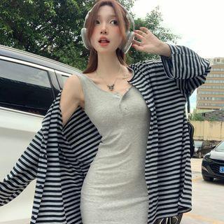 Plain Slim-fit Tank Dress + Striped Cardigan