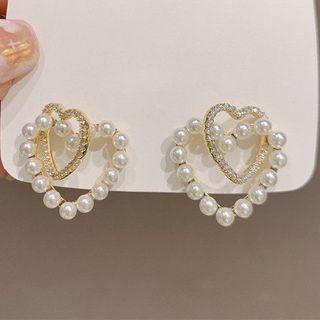 Rhinestone Faux Pearl Heart Ear Stud B3-2-12 - 1 Pair - Gold & White - One Size