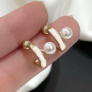 Sterling Silver Faux Pearl Stud Earring 1 Pair - White & Gold - One Size