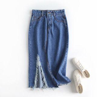 Fringed Straight-fit Midi Denim Skirt