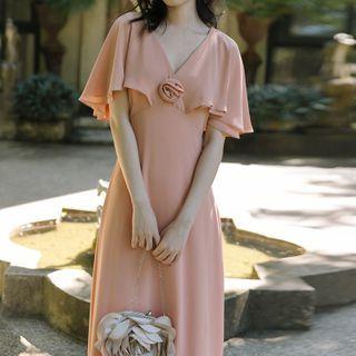 Short-sleeve V-neck Midi A-line Chiffon Dress