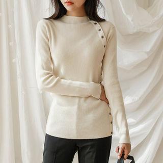 High-neck Button-trim Knit Top