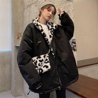 Reversible Leopard Print Fleece Zip-up Jacket / Crossbody Bag